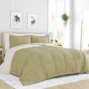 Full/Queen 3-Piece Microfiber Reversible Comforter Set in Sage Green/Cream Q280-OLGR5610