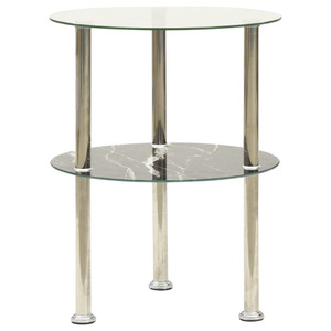  2-Tier Side Table Transparent & Black Marble 15" Tempered Glass A949-322789