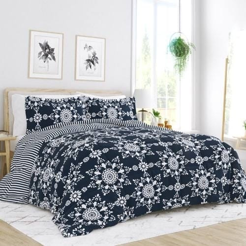Twin size 3-Piece Navy Blue White Reversible Floral Striped Comforter Set Q280-TWNV4299