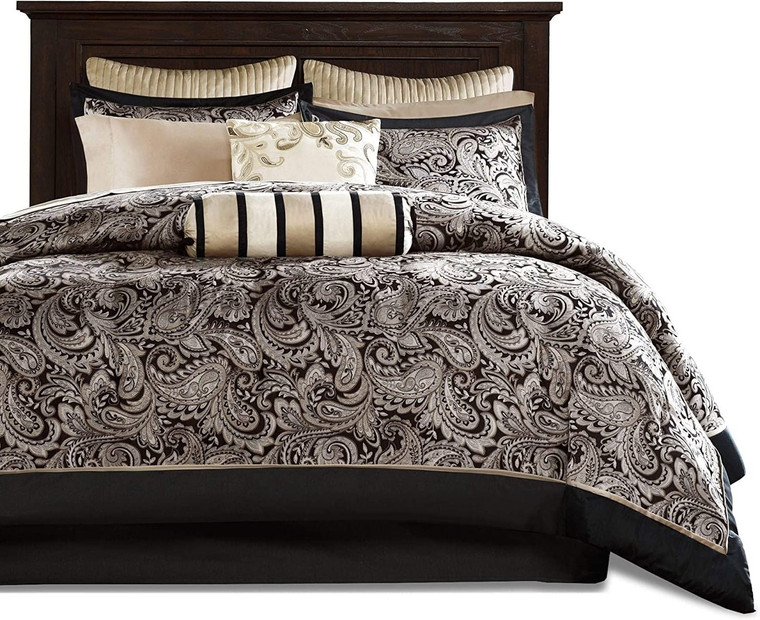 Queen 12 Piece Cotton Polyester Comforter Set Black Gold Paisley Q280-BGQU1255
