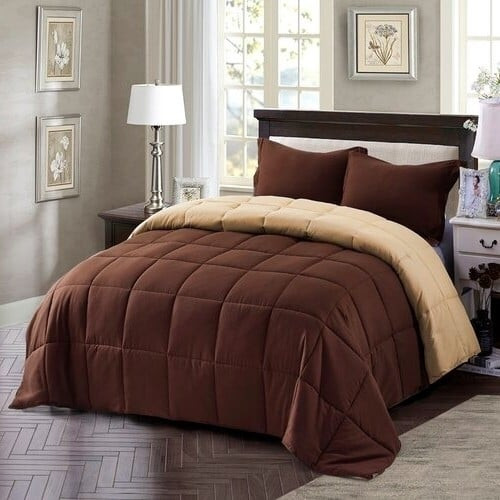 King/Cal King Traditional Microfiber Reversible 3 Piece Comforter Set in Brown Q280-CHKI4872