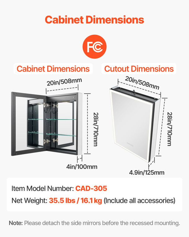 Lighted Medicine Cabinet with Mirror, 20 x 28 in Recessed or Wall Mount, 3 Color Dimmable LED Bathr E415-LEDJXJJ2028I5DEVE001V1