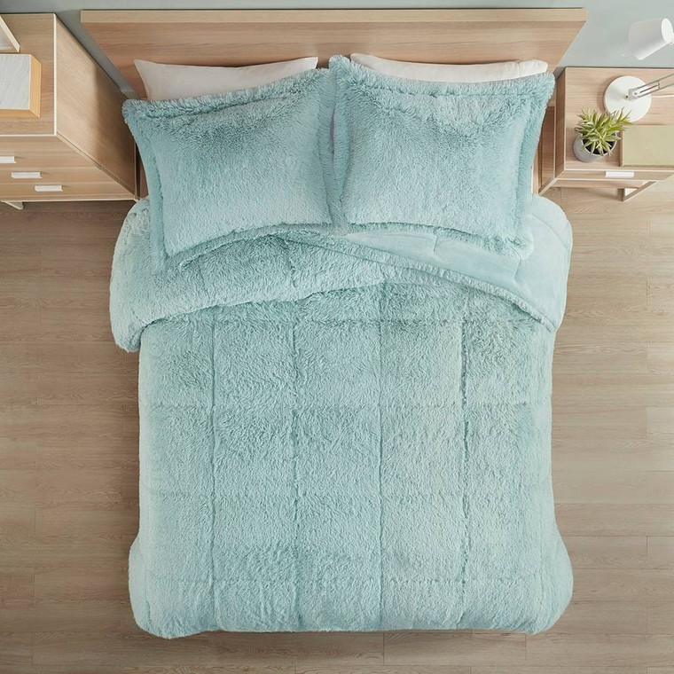 King/CAL King Soft Sherpa Faux Fur 3-Piece Comforter Set in Light Teal Blue Q280-KGAQBCS891364572