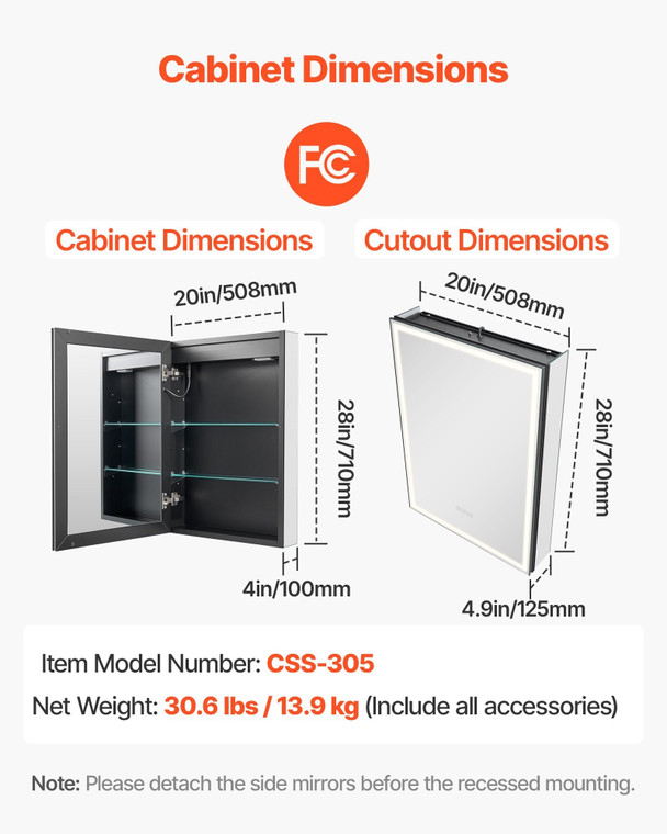 Lighted Medicine Cabinet with Mirror, 20 x 28 in Recessed or Wall Mount, 3 Color Dimmable LED Bathr E415-LEDJXJJ2028ISY30U001V1