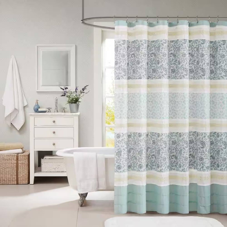 72 x 72-in Cotton Shower Curtain with Teal Blue Grey Cream White Paisley Pattern Q280-BLVCSP2699145283