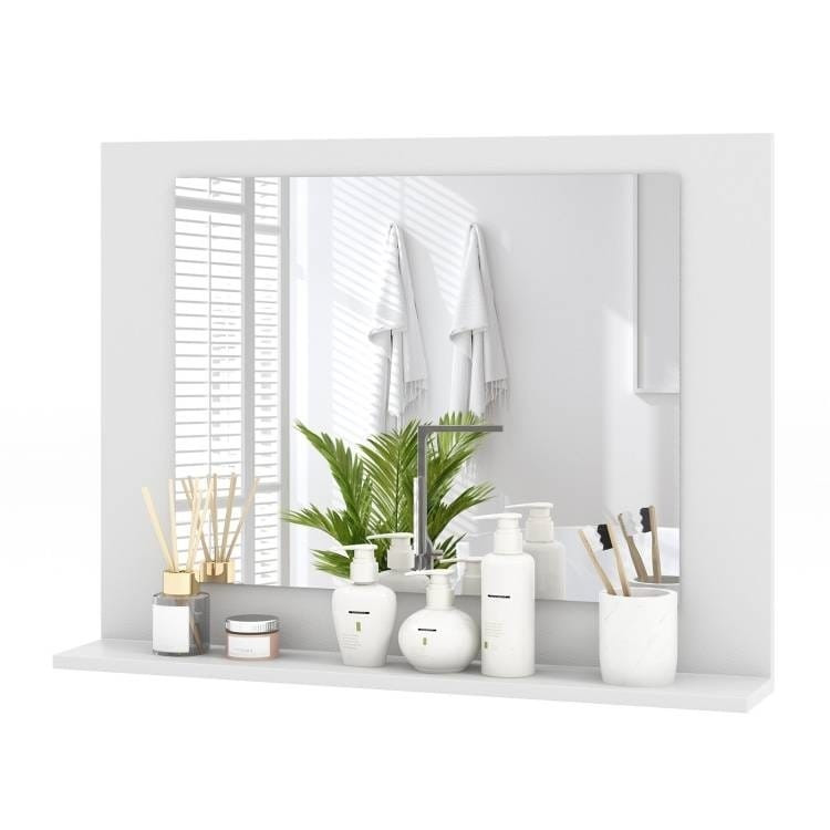 Rectangular Bathroom Wall Mirror with Storage Shelf and White Wood Frame Q280-WHTRBM49258391