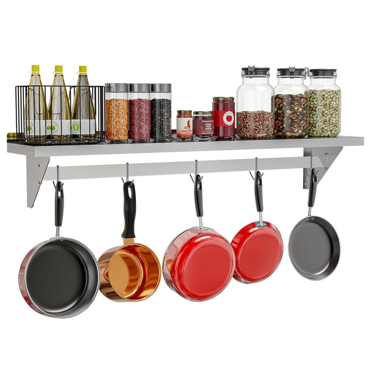 Stainless Steel Heavy Duty Wall Shelf with Pot Rack - 12 inches x 60 inches Q280-KOLC6510