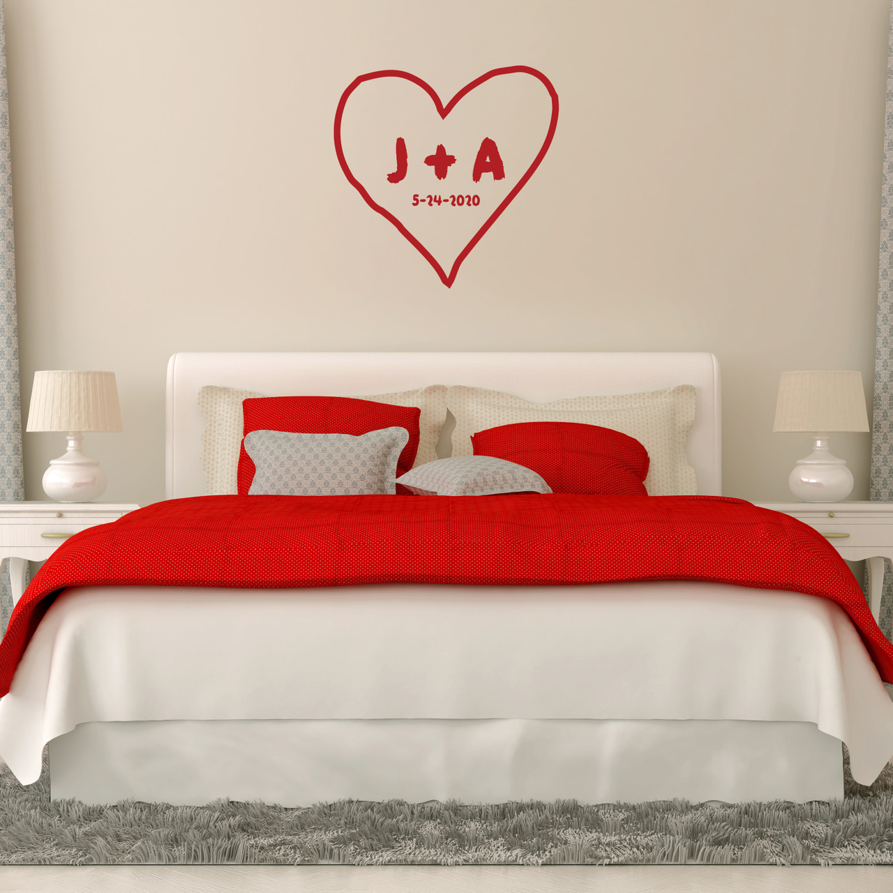 Personalized initials and date carved in a tree vinyl wall decal in a bedroom