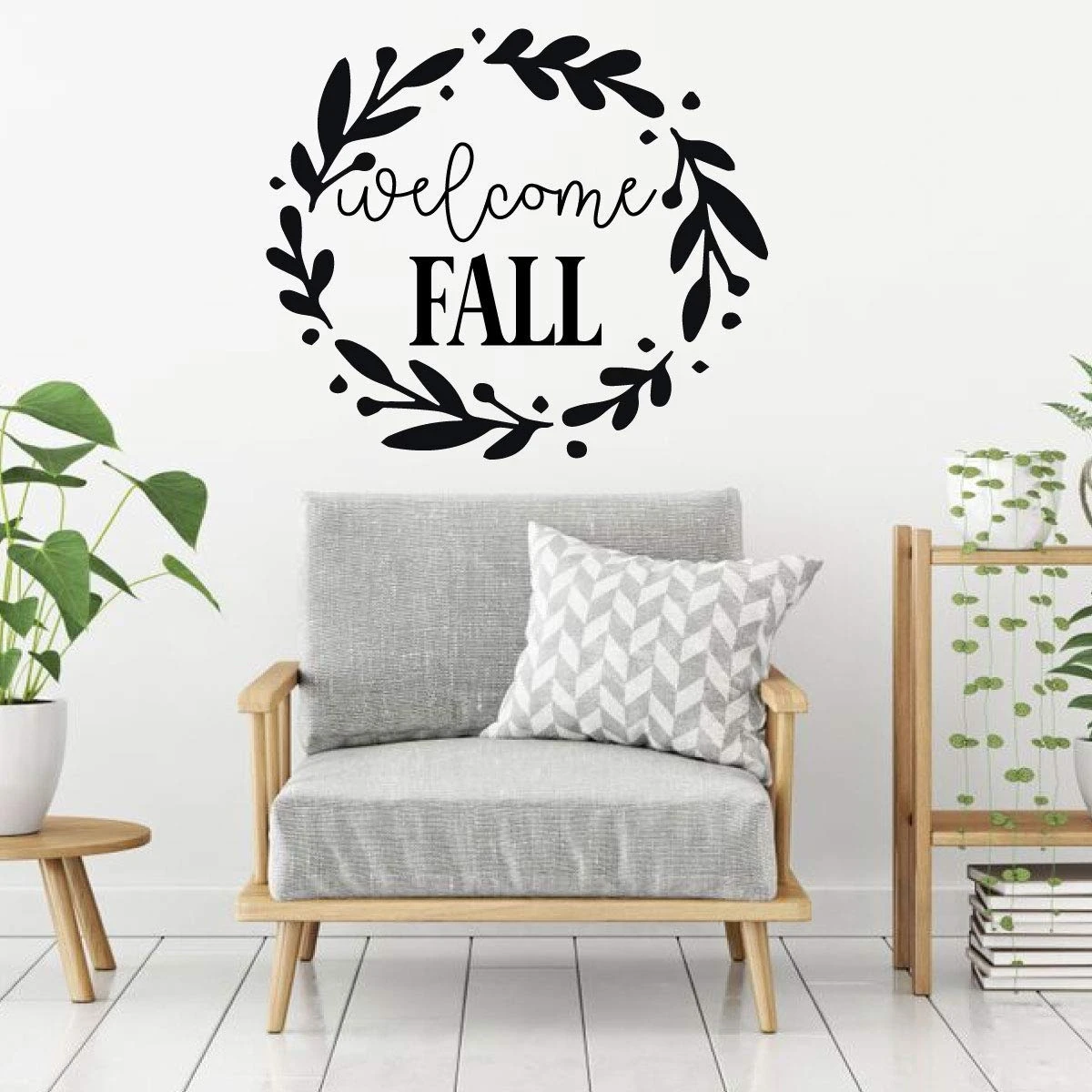 Welcome Fall vinyl decal with decorative wreath silhouette for living room wall