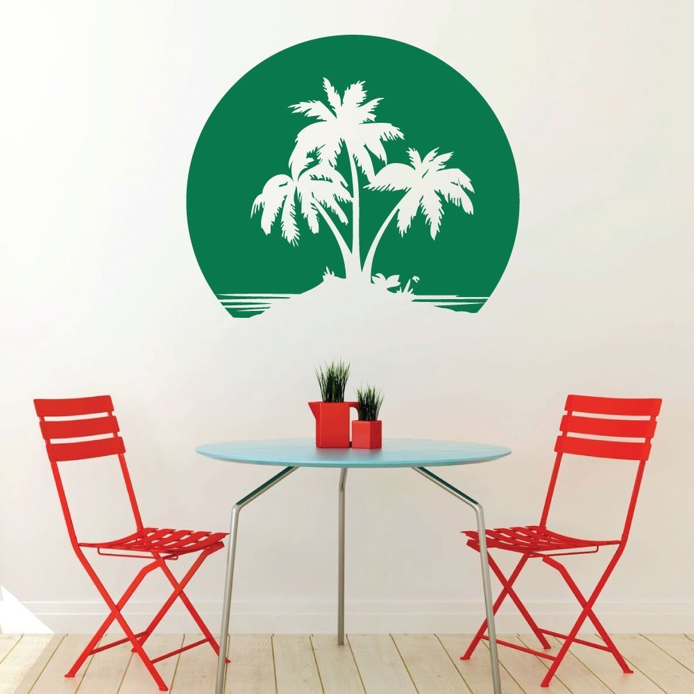 Palm trees with a sunset backdrop vinyl wall decal in a coastal-style room