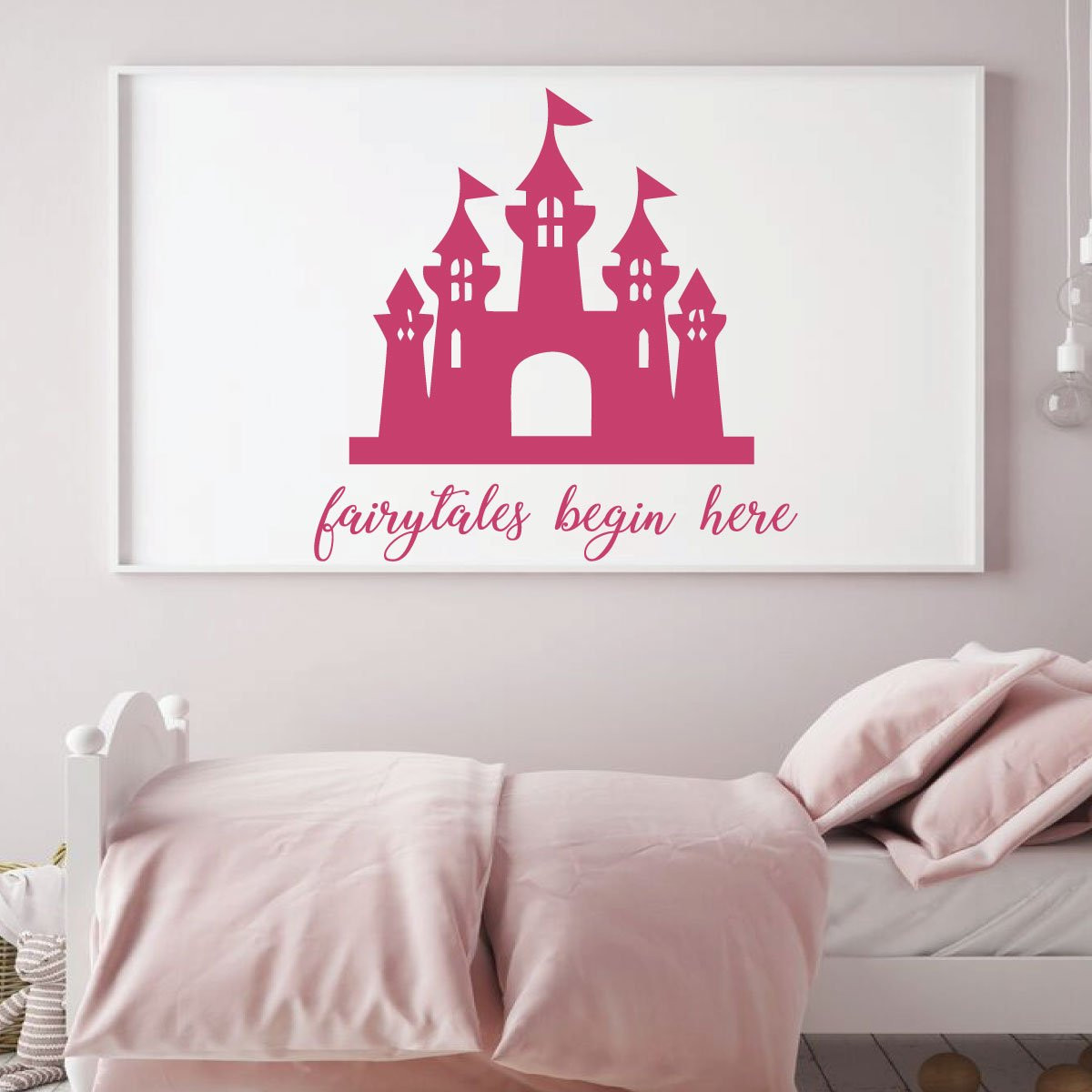Fairytales Begin Here princess castle wall decal in a girls playroom