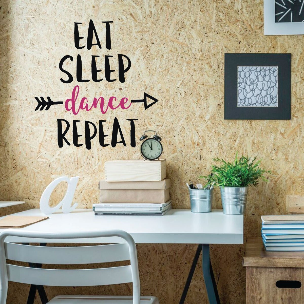 Eat Sleep Dance Repeat vinyl wall decal quote in a room setting