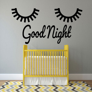Baby Nursery Wall Decal - Good Night Lettering with Closed Eyes Vinyl Design