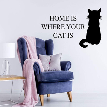 Cat Lovers Wall Decal ' Home Is Where Your Cat Is ' Cat Silhouette Vinyl Sticker for Kid's Bedroom, Playroom, Bedroom or Living Room