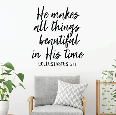 Christian Wall Decal - He Makes All Things Beautiful In His Time - Vinyl Scripture And Inspirational Quote - Psalm 91:4 - Removable Sticker for Home, Bedroom, Church, Family Room or Office - Custom Sizes and Colors Fit Any Themed Living Space