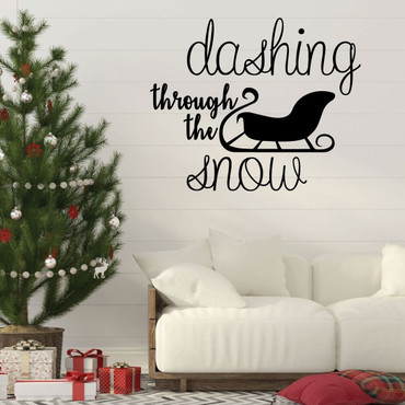 Christmas Wall Decal - Dashing Through The Snow With Sleigh Silhouette - Holiday Vinyl Stickers for Living Room or Home Decoration