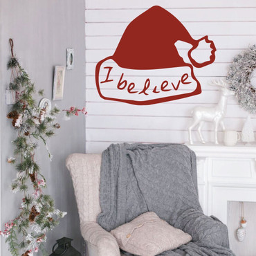 Christmas Wall Decal Decor - I Believe - Santa Claus Hat Vinyl Stickers for Living Room or Home Decoration