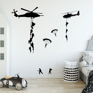 Vinyl Wall Decal - Army Wall Decals, Soldiers Parachuting From Helicopters Personalized for Kids Playroom, Children, Military Families - Army Nursery Theme, Decoration and Kids Bedroom Ideas - Removable Sticker