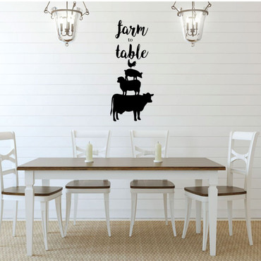 Dining Room Wall Decal - Farm To Table - Chicken, Pig, Sheep, Cow Silhouette Vinyl Art Decoration for Home, Bedroom or Family Room