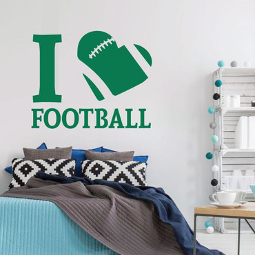 I Love Football Vinyl Wall Decal with Heart - Sports Themed Sticker Decoration for Men's, Women's, Boy's or Girl's Bedroom, Locker Room, Playroom or Game Room