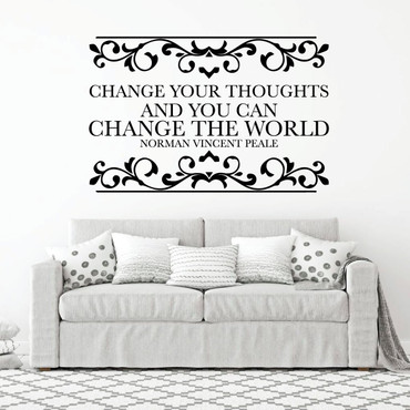 Motivational Wall Decal With Vine Design - Change Your Thoughts - Norman Vincent Pale Vinyl Art for Home, Bedroom or Living Room Decor