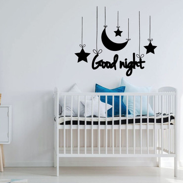 Nursery Wall Decal - Good Night With Stars And Moon Design - Vinyl Decorations for Bedroom, Playroom or Study Area