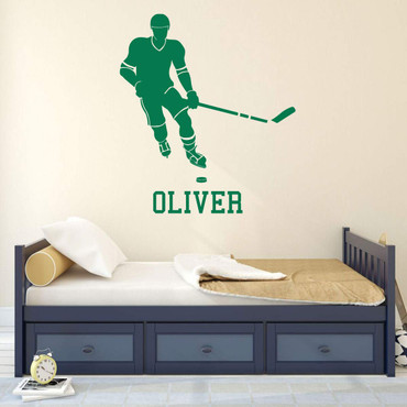 Room Wall Decor - Hockey Player with Personalized Name Vinyl Decal Stickers for Boys Bedroom, Locker Room, Ice Rink or Man Cave - Custom Sizes and Colors Match The Theme of Any Living Space