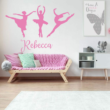 Three Ballet Dancers with Personalized Vinyl Decal for Girls Room - Customized Color, Size, and Name Wall Sticker for Bedroom or Dance Studio