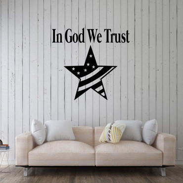 'In God We Trust' Vinyl Decor ' Star with USA Flag Silhouette ' Patriotic and Inspiring Quote for the Living Room, Bedroom, or Kitchen