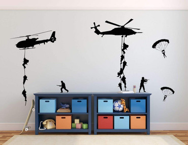 Army Wall Decals, Soldiers Parachuting From Helicopters Personalized for Kids Playroom, Children, Military Families