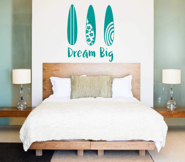 Dream Big Surf Board - Inspirational Quote- Vinyl Decal Stickers for Home, Office, Bedroom or Beach House - Custom Sizes and Colors