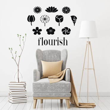 Flourish Wall Decal with Flowers Vinyl Art Stickers - Home Decor for Kitchen, Living Room, Bedroom, Dining Room