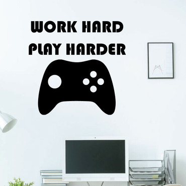 Gamer Wall Decal - Work Hard Play Harder - GAME Controller Sticker - Vinyl Decoration for Boy's Bedroom, Playroom or Game Room
