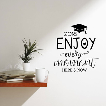 Graduation Cap Vinyl Decal - "Enjoy Every Moment" Lettering with Hat and Tassel Sticker for High School, College, or University Graduate - Personalized Graduation Class Year