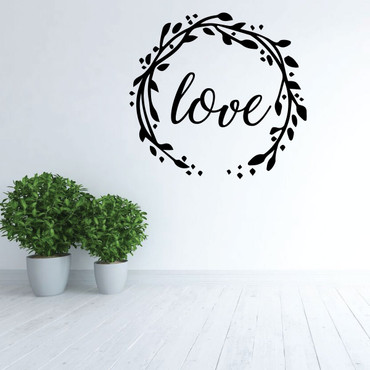 Love Wall Decal - Wreath Vinyl Decor for Bedroom, Home, Living Room or Family Room