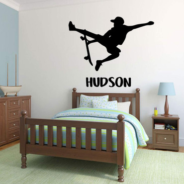 Personalized Skateboarder Silhouette Vinyl Wall Decal - Bedroom, Boys Room, Playroom, Girls Room ' Pick Your Color, Name and Size