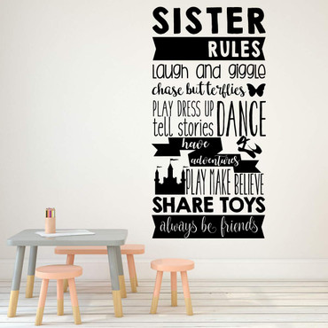 Sister Decals Vinyl Sticker Quote 'Sisters Rules' with Butterfly, Castle and Dance Shoes Silhouette - Wall Design for Girls, Women, Siblings Home Decor