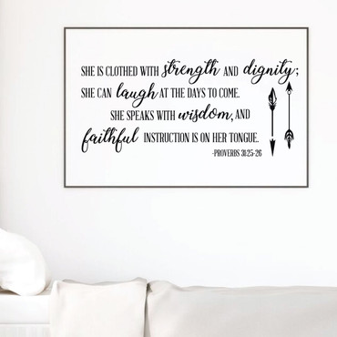 Christian Wall Decal - Proverbs Verse - She Is Clothed With Strength And Dignity - Vinyl Scripture And Religious Home Decor for Girls Bedroom or Church Decoration