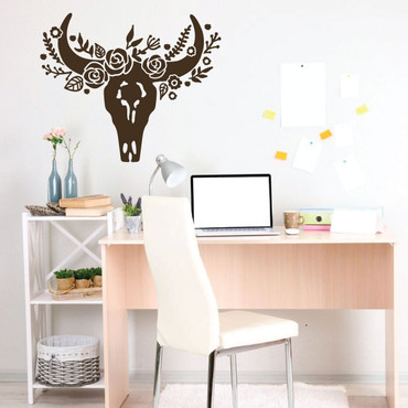Cow Skull Wall Decal with Flower Design - Vinyl Decoration for Bedroom, Playroom or Home Decor