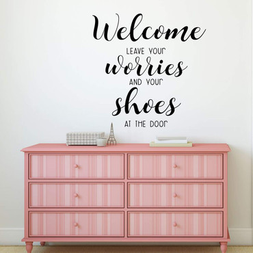 Front Door Decal - Welcome Leave Your Worries And Your Shoes At The Door - Porch Decoration for Home Decor - Removable Vinyl Art Decal