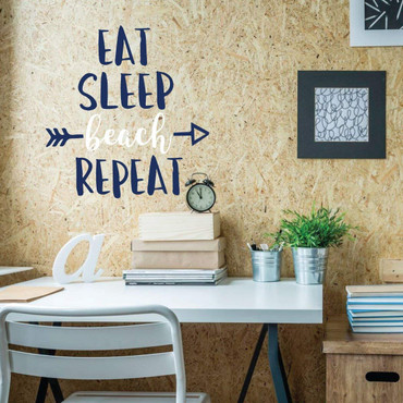 Funny Wall Art - Eat Sleep Beach Repeat - Wall Decals for Home Decor, Bedroom, Playroom, Study Area. Beach House Decor.