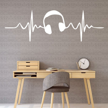 Music Themed Wall Decal - Headphones with Heartbeat Pulse - Vinyl Decoration for Teen Bedroom, Dorm Room, Studio, or Dance Party