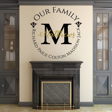 Personalized family name wall decal with last name initial and custom names