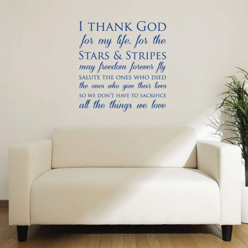 Patriotic vinyl wall decal with stars and stripes quote about freedom and sacrifice