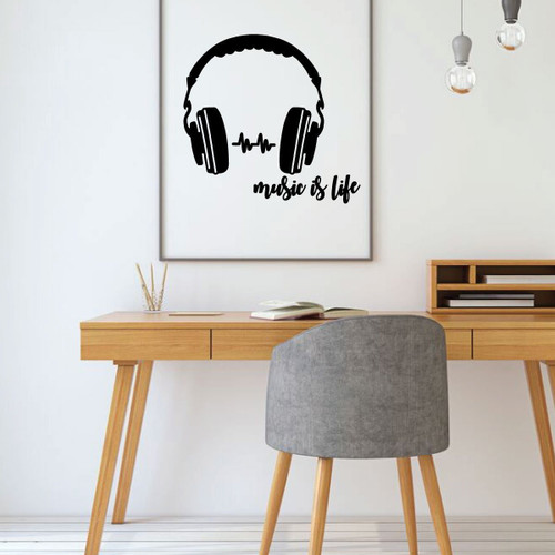Music is Life text with Headphone Silhouette vinyl wall sticker - Black