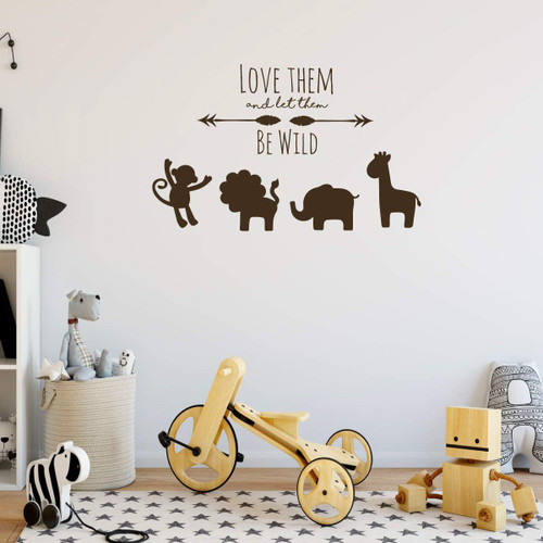 Animal Themed Wall Decal - Love Them Let Them Be Wild - Vinyl Decor for Baby's Nursery, Bedroom Kids Room, Playroom or Classroom ' Silhouette of Lion, Hippo, Elephant and Giraffe