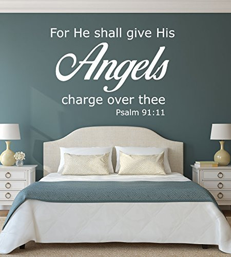 Bible Verse Wall Decal - Psalm 91:11 - For He Shall give His Angels Charge Over Thee - Angel Wall Decor, Christian Wall Art, Church Wall Decals, Christian Home Decor, Sympathy Gift