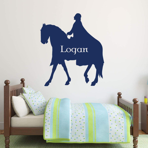 Boy's Room Decor | Customized Name Horse, Rider Wall Decal | Personalized Knight Silhouette Vinyl Sticker for Boy's Bedroom, Playroom | Small, Large Sizes | Black, White, Blue, Red, Gray, Other Colors