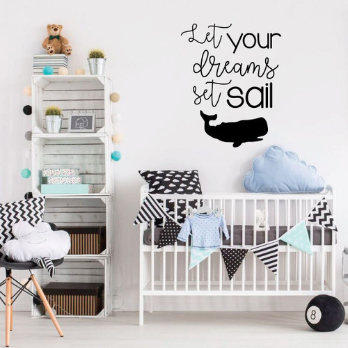 Children Sailing Wall Decal - Let Your Dreams Set Sail With Whale Silhouette - Vinyl Decorations for Boy's Bedroom, Playroom or Study Area