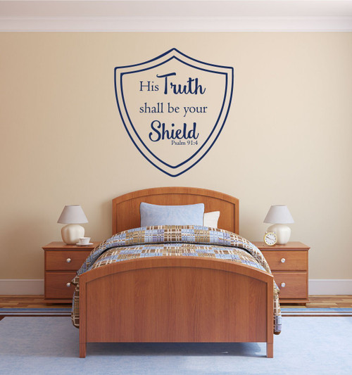 Christian Wall Decal - Psalm 91:4 - His Truth Shall Be Your Shield - Vinyl Sticker Decor for Children's Bedroom Decoration, Scripture Art for Church Classroom